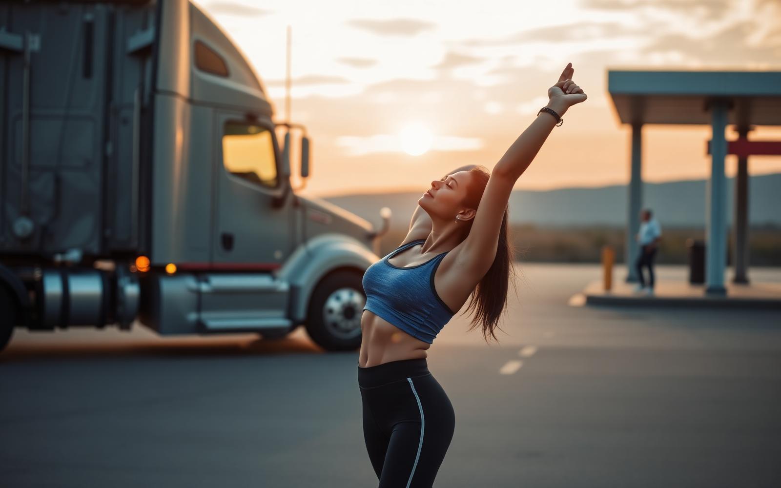 Driver stretching beside her rig at sunrise