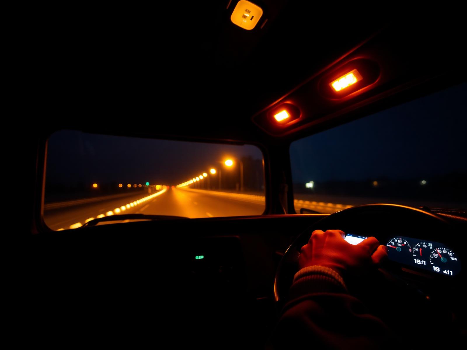 Sleeper cab interior at night with warm amber cabin lights